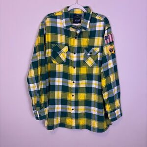 Angry Minnow Flannel Green & Yellow Plaid Smokey the Bear Cotton Button Down 2XL